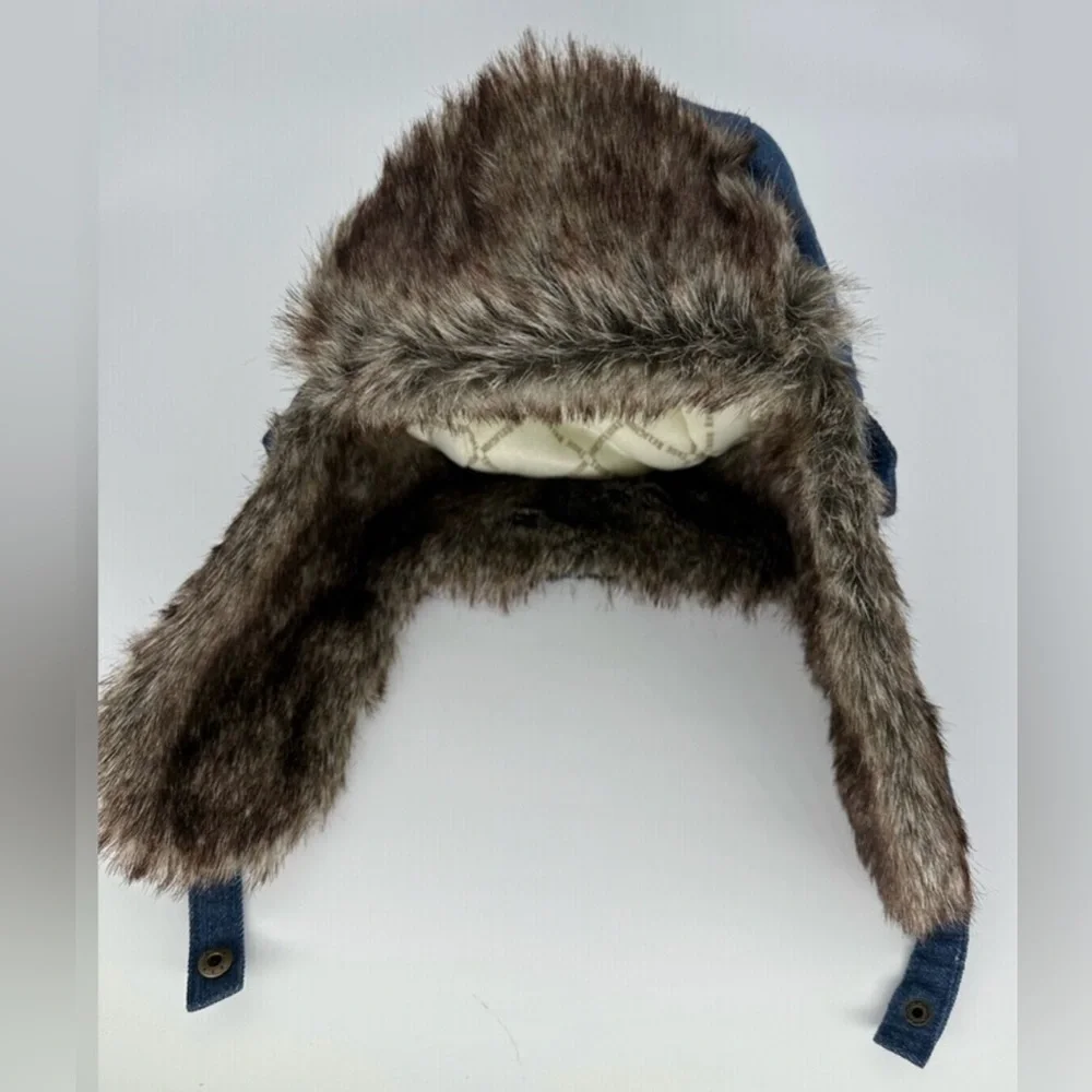 True Religion Blue Denim Trapper Hat with Faux Fur